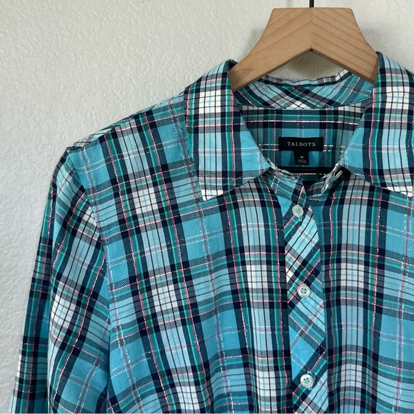 TALBOTS M S Festive Plaid Cotton Button Front Shirt • Dark Turquoise Metallic - Picture 3 of 11